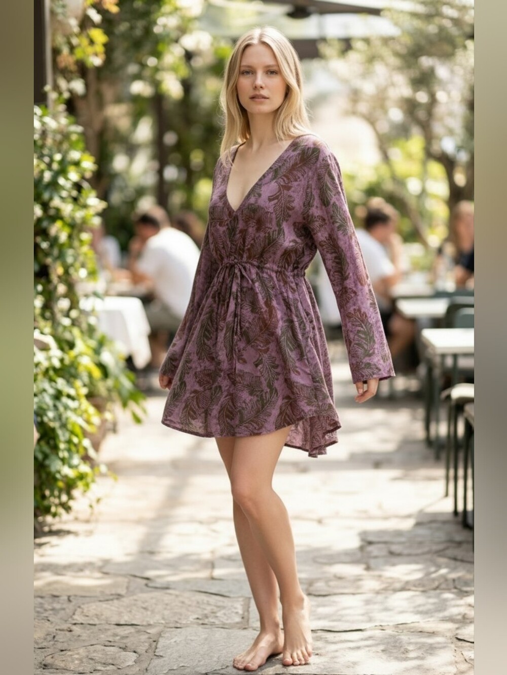 Purple Floral V-Neck Drawstring Mini Dress - Women's